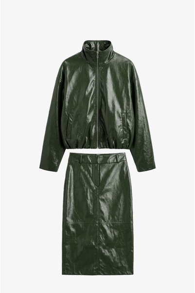 Khaki Leather-Look Shiny Jacket and Skirt Set