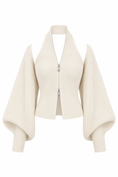 Cream Zippered Bolero Detailed Double Knitwear Set - 10202