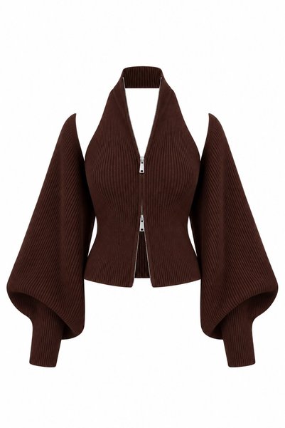 Brown Zippered Bolero Detailed Double Knitwear Set - 10202