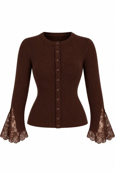 Brown Knit Cardigan with Lace Detail - 0207
