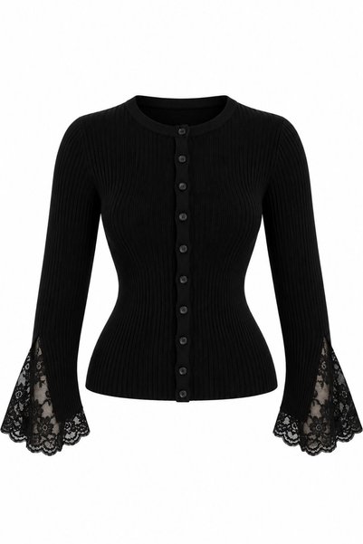 Black Knit Cardigan with Lace Detail - 0207
