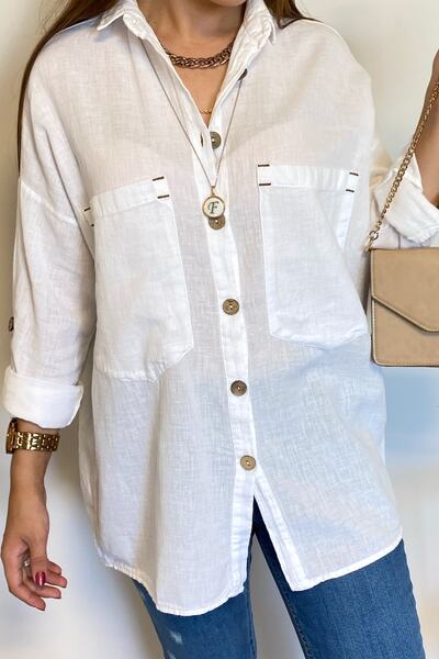 Women's Cotton Linen Wooden Button Shirt 65% Cotton 35% Linen
