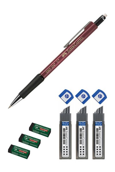 Grip 1347 Claret Red 0.7 Versatil Pen + Faber Black Eraser + Faber 0.7 Nib