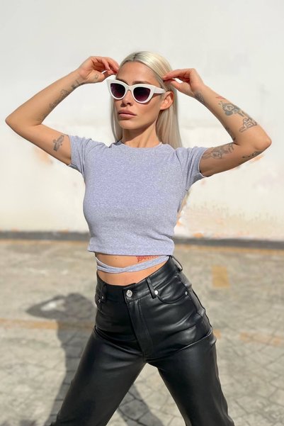 Women's Gray Short Sleeve Bias Tie Crop Blouse