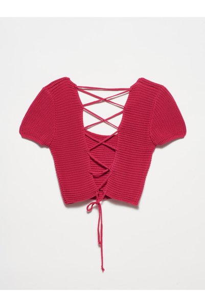 10164 Square Neck Lace-Up Back Short Sleeve Sweater-Fuchsia