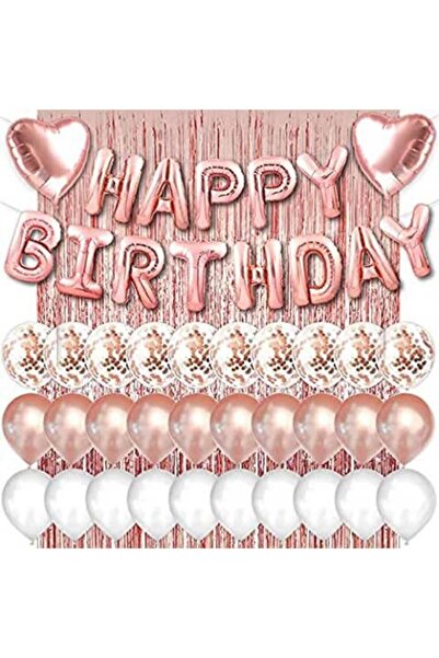 Rose Gold розов Happy Birthday и срце фолија и сет од 30 розеви бели проѕирни балони со позадина
