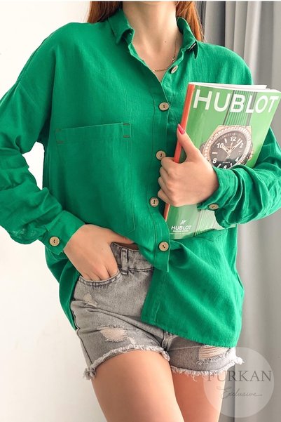 Women's Green Wooden Buttons, Folding Sleeves, Double Pockets, Loose, Flowy, Loose Fit 65% Cotton 35% Linen Shirt