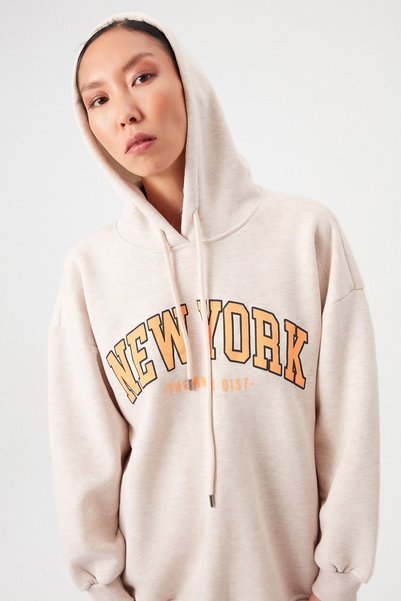 Oversize Hooded New York Printed Sweartshirt