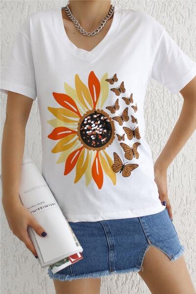 Women's V-Neck Daisy Butterfly Sequins Embroidered Cotton T-shirt
