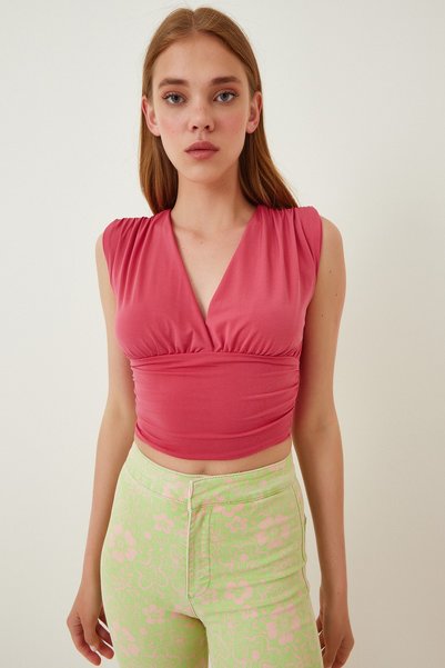 Women's Pink Deep V-Neck Crop Sandy Knitted Blouse BF00039