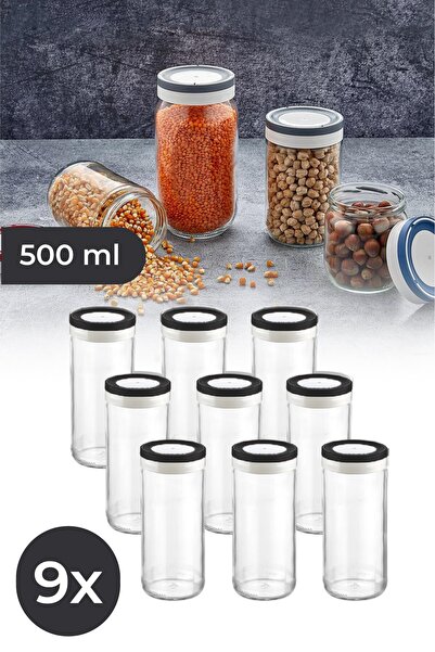 Сет од 9 стаклени тегли за зачини 500 ml со црн капак