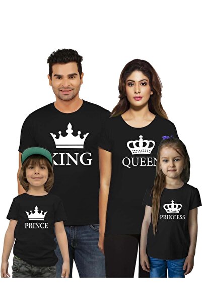 Семеен сет од 4 памучни маички за мајка, татко и деца со натпис King Queen Prince Princess