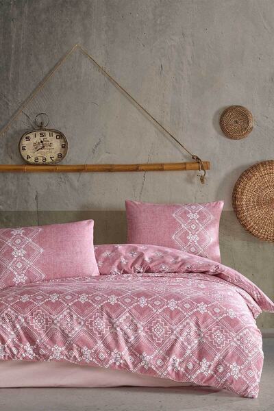 Felicity Fitted Duvet Cover Set Double Size 100% Natural Cotton Ranforce 4 Piece Powder