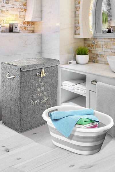2 Pieces Bathroom Set - Dirty Laundry Basket with Felt Lid and Foldable Accordion Laundry Set
