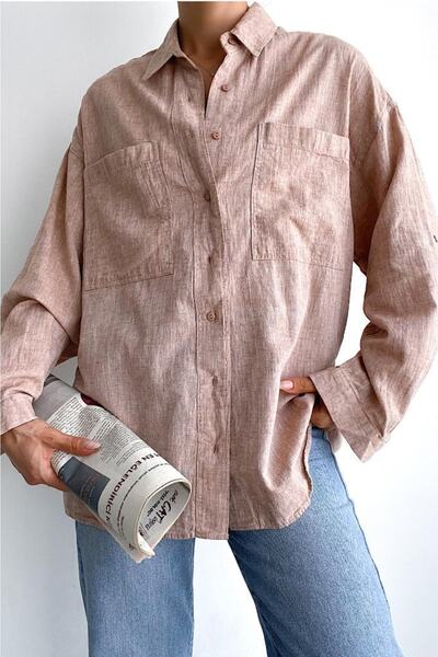 Women's Double Pocket Off-Shoulder Oversize Boyfriend Loose Fit Linen Basic Shirt