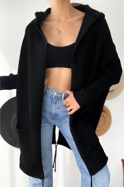 Women's Black Bat Sleeve Double Pocket Hooded Loose Loose Oversize Standard Size Knitwear Cardigan