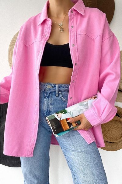 Women's Low Shoulder Oversize Thick Shirt with Snap Fasteners