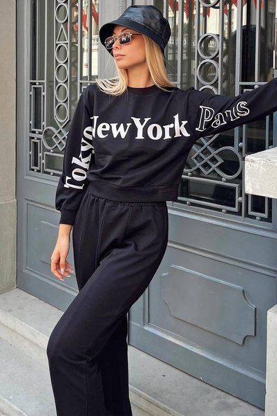 Black Women's Crop Sweatshirt with Printed Front and Sleeves