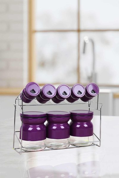 Sun Purple 9 Piece Metal Coated Glass Spice Set - Spice Set with Stand