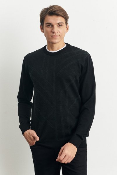 Men's Black Standard Fit Regular Cut Crew Neck Modern Pattern Detailed Winter Knitwear Sweater