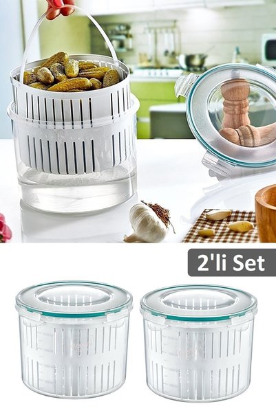 Set of 2 Pickles with Strainer - Olive Pickles Storage Container 2.5 Lt