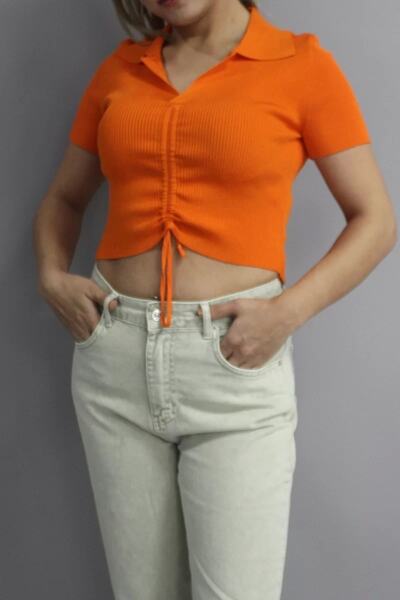 Orange Polo Neck Gathered Short Sleeve Sweater