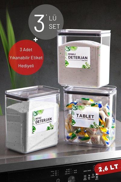 Set of 3 2.6 Lt Labeled Colored Detergent, White Detergent & Tablet Storage Container Transparent