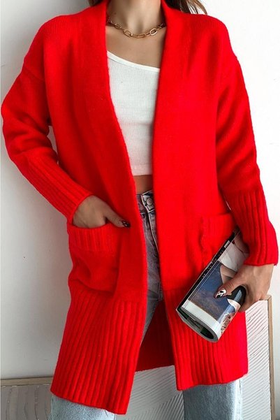 Women's Pomegranate Color Long Double Pocket Standard Size Knitwear Cardigan
