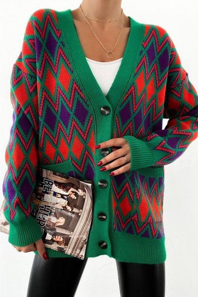 Women's Green Purple Red Colorful Loose Button-Detail Pocketed Knit Cardigan