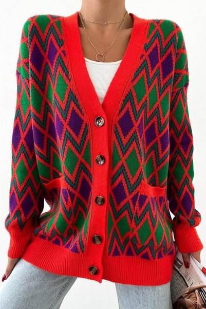 Women's Red Button Detailed Pocket Loose Knitwear Cardigan
