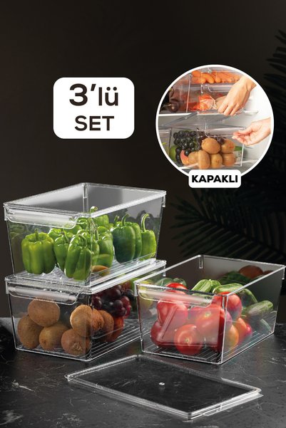 Set of 3 Fridge Organizer with Lid Fridge Organizer with Lid 14 X 32.5 X 20 Cm