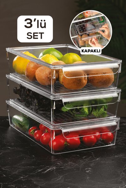 3-Piece Lidded Refrigerator Organizer Fridge Interior Organizer 7 X 32,5 X 20 Cm