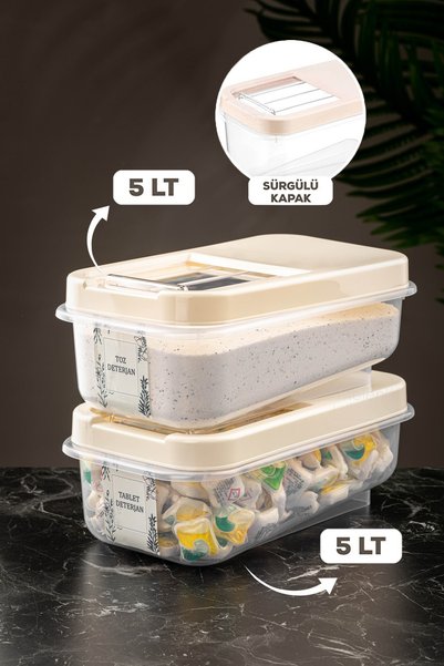 2 Pack 5 Lt Tablet Detergent Storage Box with Sliding Lid - Labeled Detergent Storage Container Cream