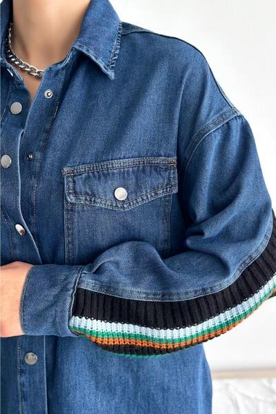 Women's Blue Oversized Denim Jacket with Knit Strip Detail