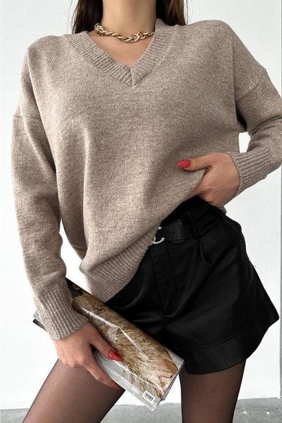 Women's Camel V-Neck Standard Size Oversize Basic Knitwear Sweater