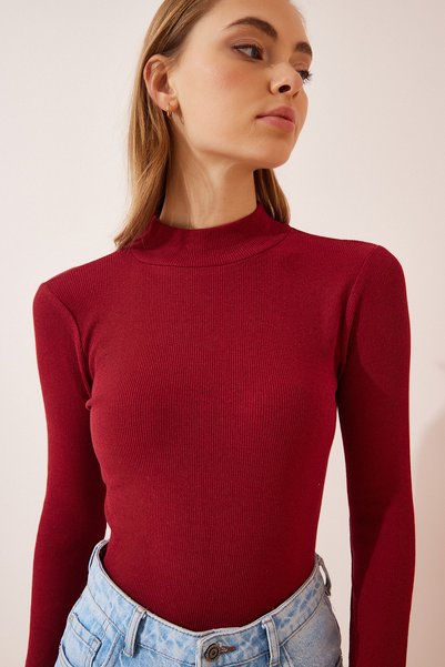 Women's Burgundy Turtleneck Corded Knitted Blouse GT00054