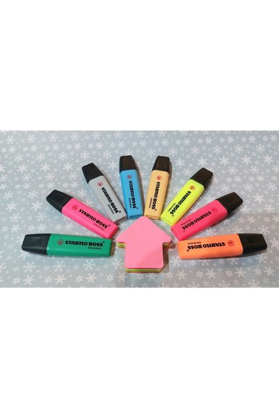 Stabilo Boss 8 Color Set Pastel Neon Mixed + 200 Sheets Adhesive Note Paper
