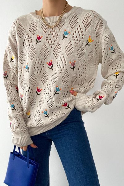 Women's Standard Size Embroidered Openwork Knit Sweater