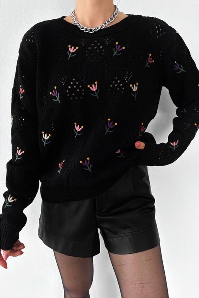 Women's Black Standard Size Embroidered Openwork Knitwear Sweater