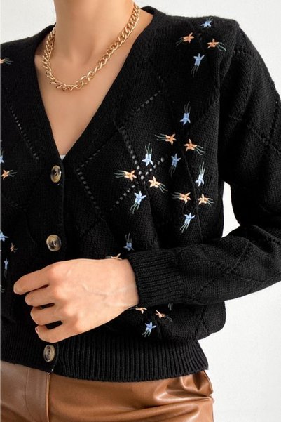 Women's Black Standard Size Openwork Detailed Floral Embroidery Knitwear Cardigan (S/M Compatible)