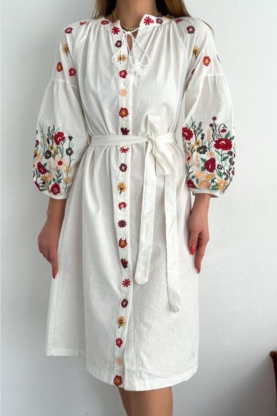 Women's New Season Belted V-Neck Embroidered Dress
