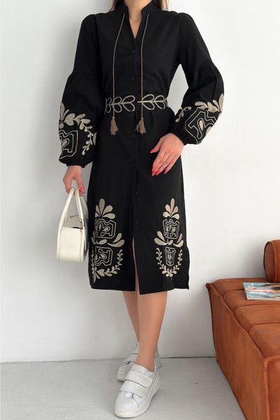Women's Black New Season Belted Tassel Embroidered Dress