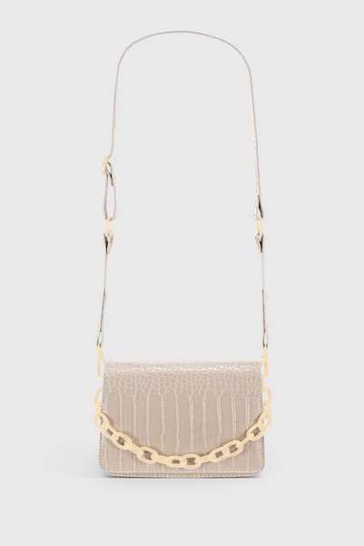 Women's Beige Chain Buckle Crocodile Skin Look Crossbody Bag 221