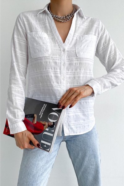 Women's V-Neck Double Pocket Folding Sleeve Slim Fit Shirt