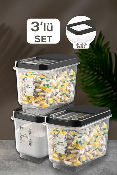 3-Piece Mega Size 10 Lt Detergent Storage Container with Sliding Lid - Tablet Detergent Storage Box Anthracite