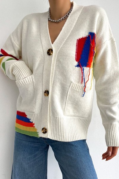 Standard Size Ecru Patterned Tasseled Oversize Knitwear Cardigan