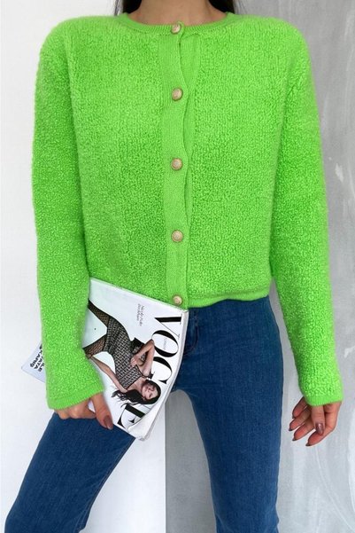 Women's Crew Neck Gold Buttoned Teddy Cardigan