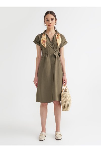 Comfort V-Neck Plain Khaki Midi Women's Dress Cm-Netta1