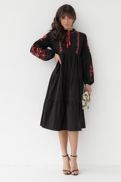 Women's Black Yoked Embroidered Dress