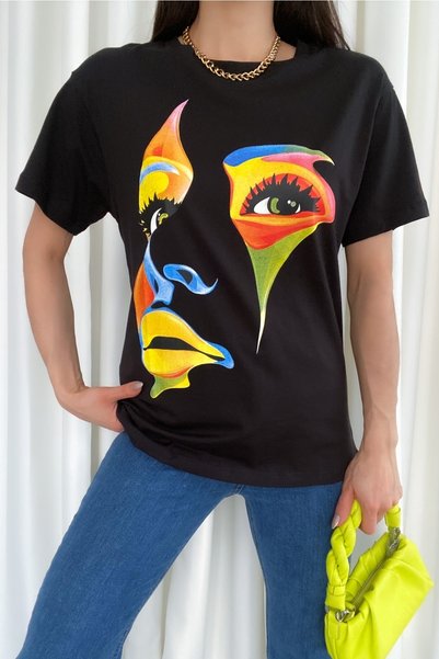 Women's Black New Season Printed 100% Cotton T-Shirt